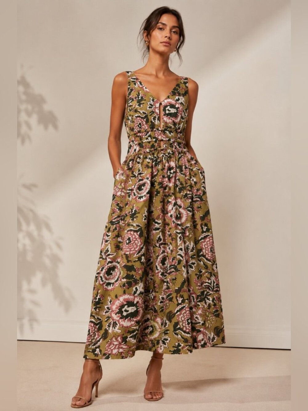 Caroline Constas green pink floral pocket cotton Anthro dress size S - Picture 2 of 8